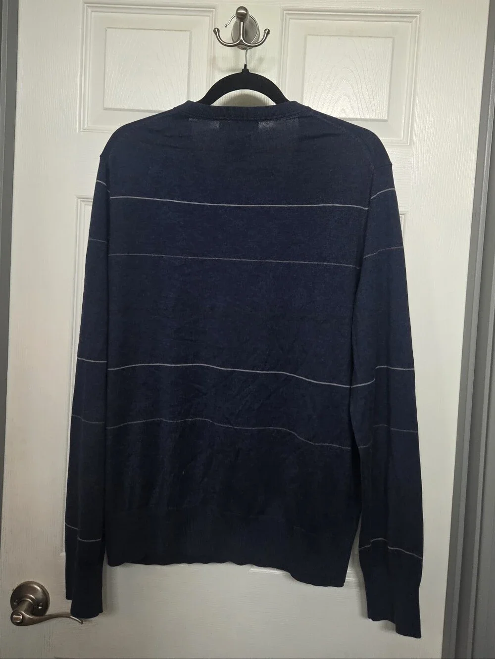 Banana Republic Luxury Blend Navy V-Neck Striped Sweater Silk Cotton Cashmere  L